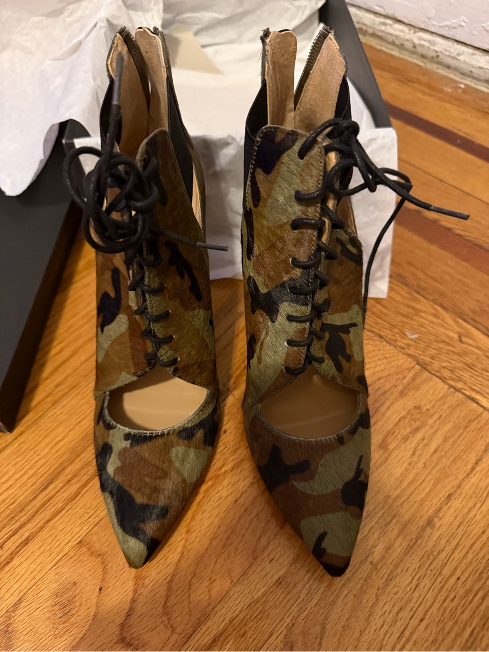 Banana Republic Camo Lace-Up Peep Toe Ankle Booties in Green and Brown